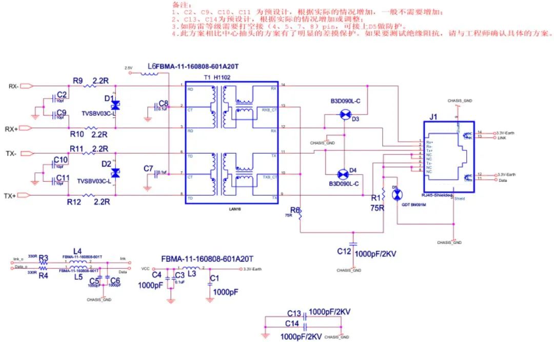 以太網EMC（浪涌）設計標準電路(差模要求較高方案）