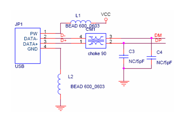 USB 端口的濾波處理－使用共模電感